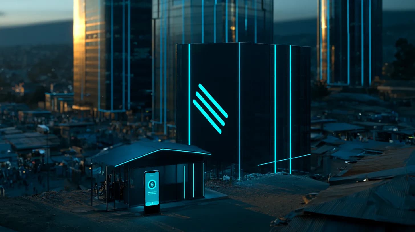 Aerial view of African fintech district at sunset with mobile money kiosk in foreground showing stablecoin transfer on phone