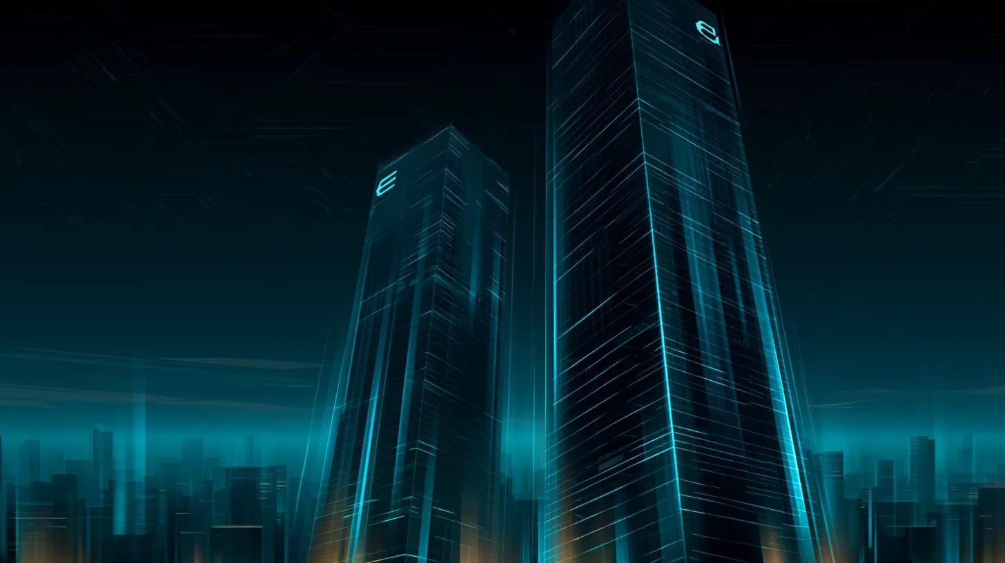 Two abstract corporate towers at dawn symbolizing Alphabet overtaking Nvidia in market value