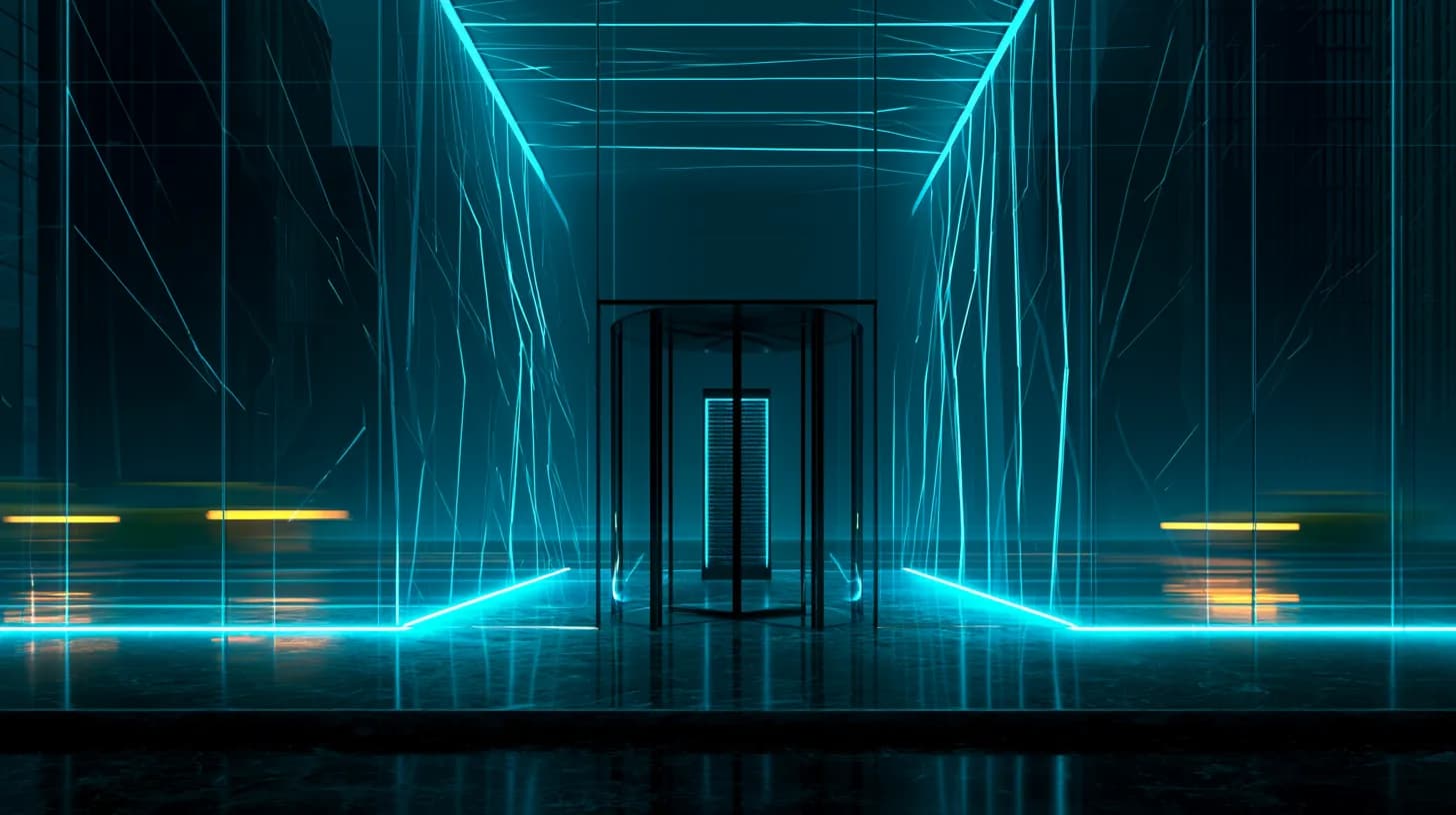 Manhattan skyscraper lobby at dusk with a glowing server rack visible inside, illustrating a Wall Street and AI joint venture