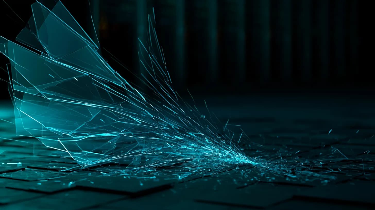 Glass wing shattering into data shards above a dark server room, symbolizing AI uncovering thousands of software…