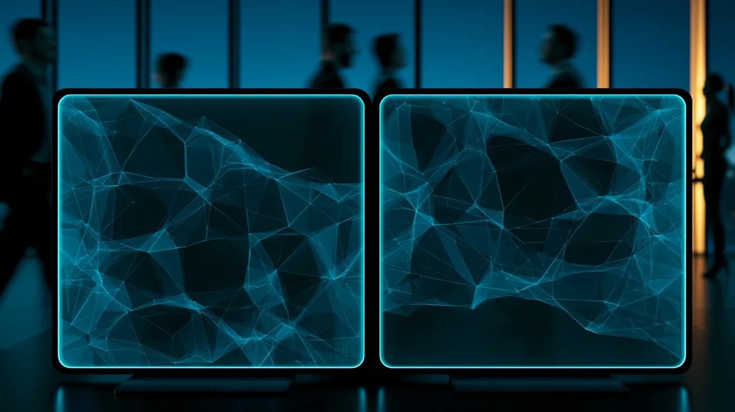 Wall Street trading floor at dusk with monitors showing AI neural network visualizations in blue tones