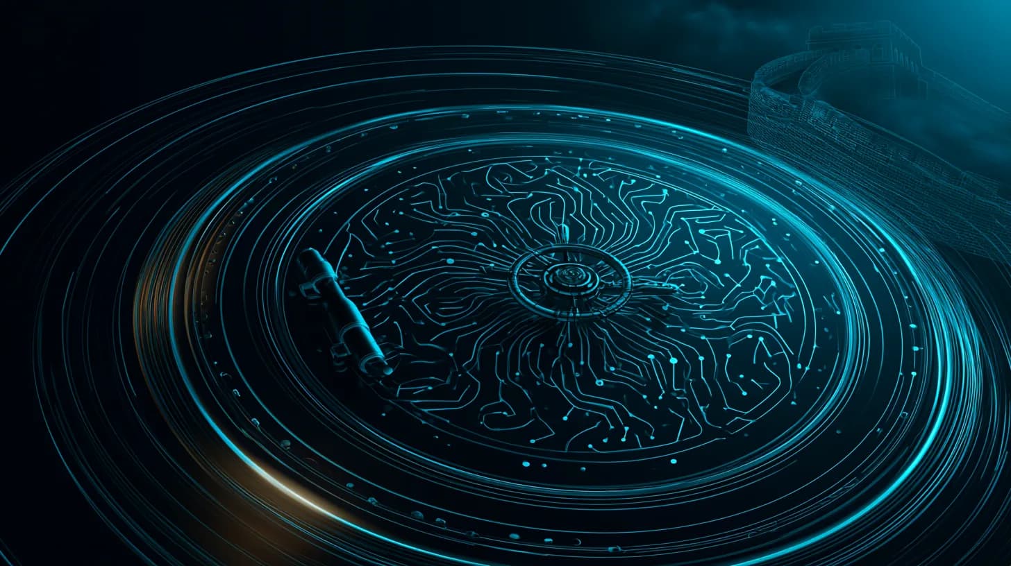Closed vault door with neural network motif beside a faint Great Wall silhouette, symbolizing blocked AI model access