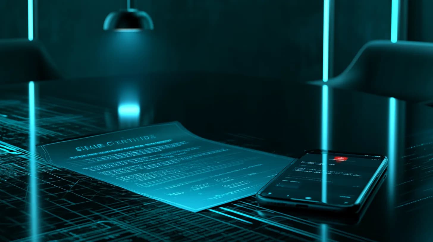 Unsigned share certificate beside a phone showing a red warning alert on a dark boardroom table