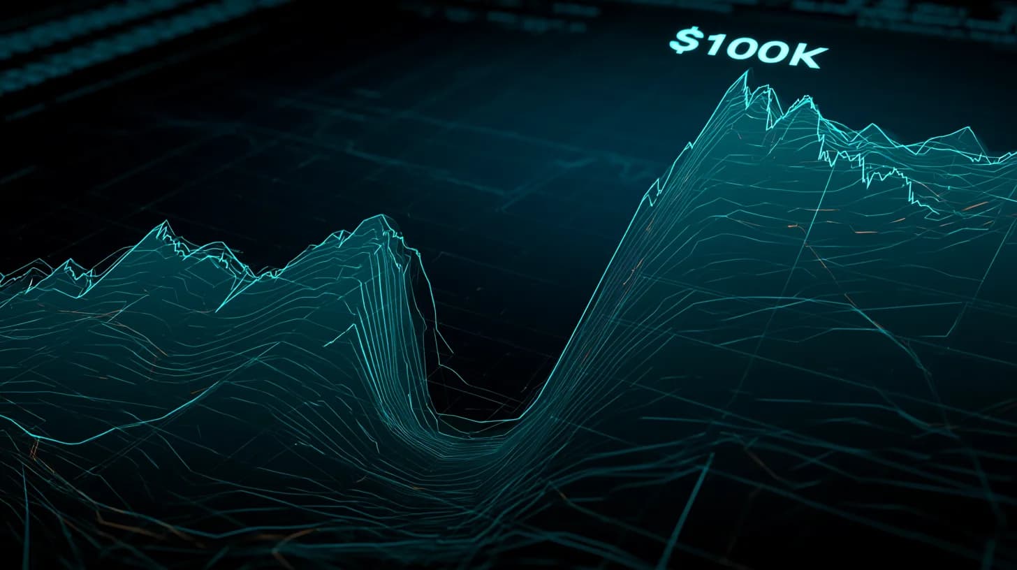 Bitcoin price chart showing a deep dip before recovering to $100,000 target by December 2026
