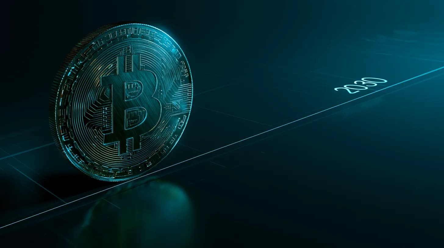 Bitcoin coin on a horizon line toward 2030, illustrating ARK Invest's long-term price base case