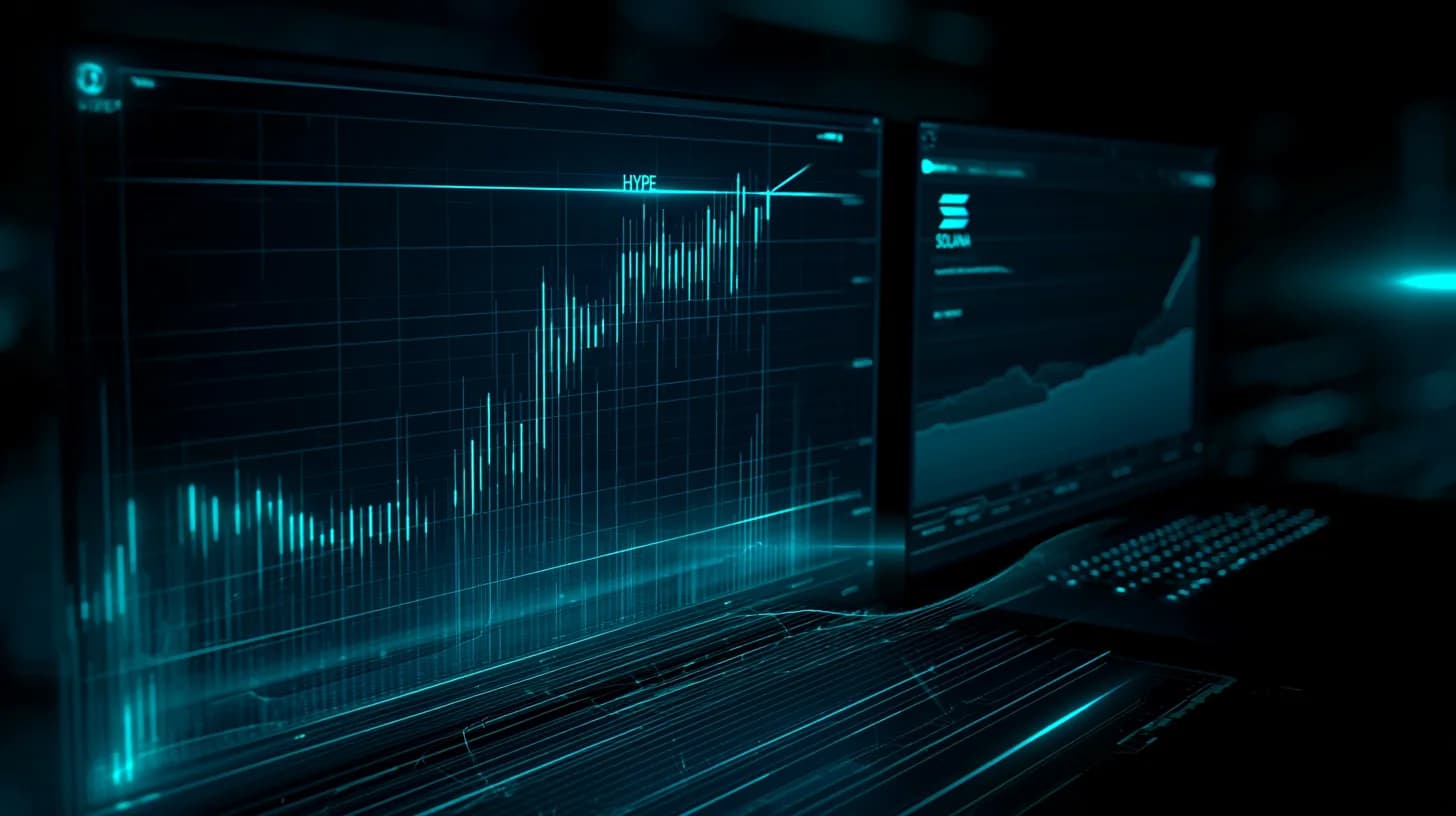 Split screen showing rising HYPE chart breaking resistance against a flat Solana chart on dark trading dashboards