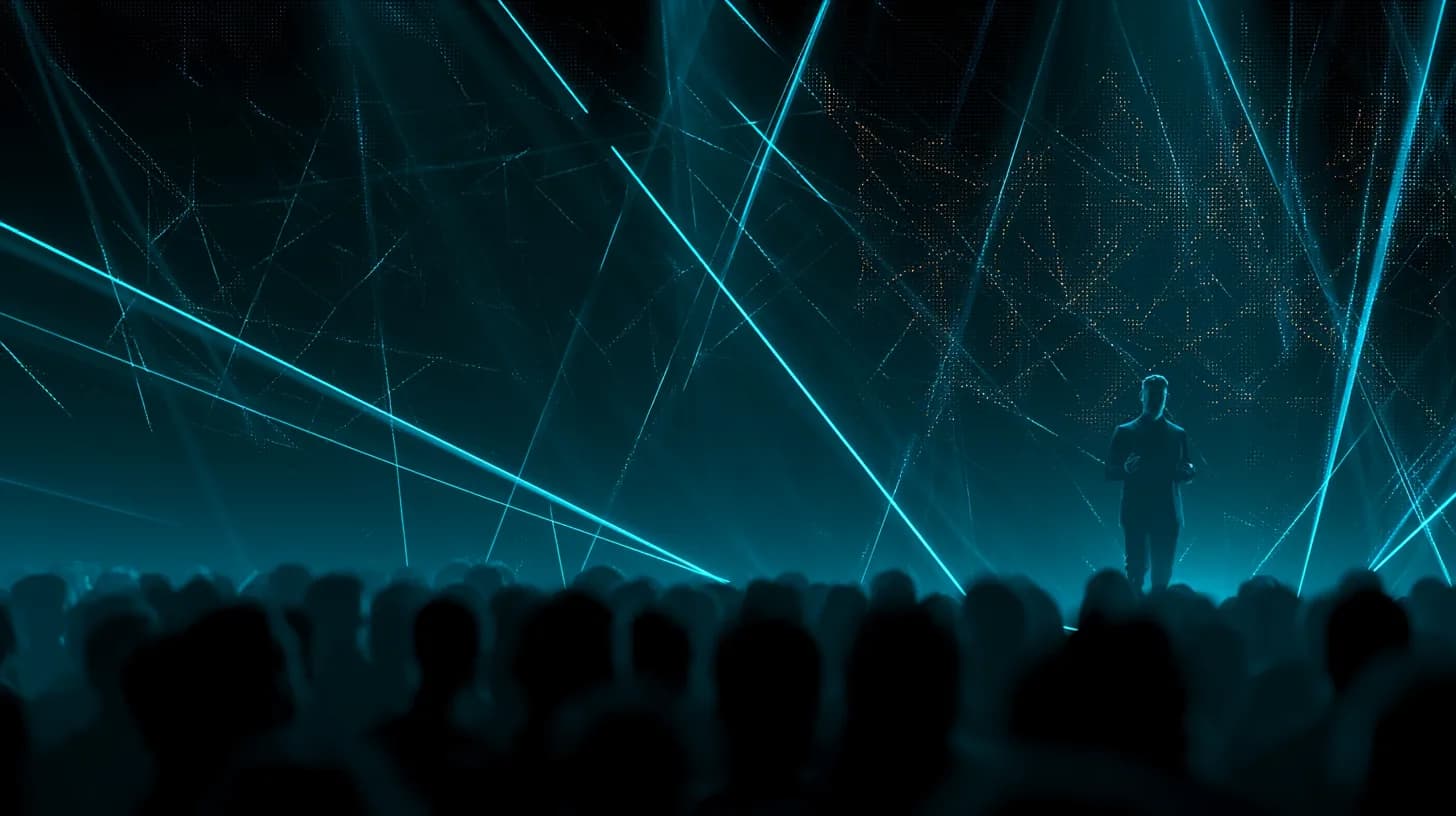 Speaker at Consensus Miami 2026 main stage under blue and amber stage lighting