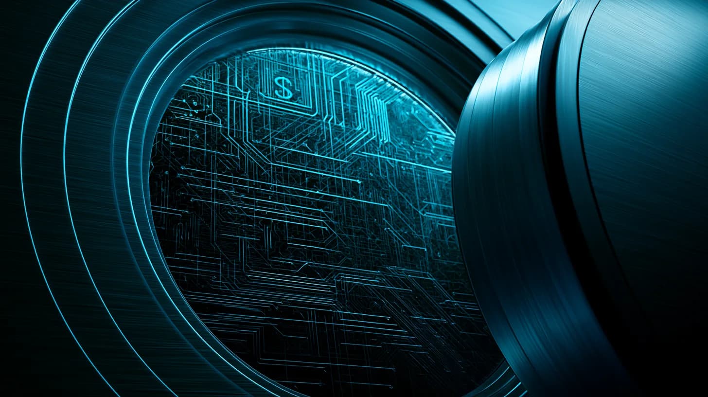 Brushed steel bank vault door opening to reveal a glowing circuit board interior with dollar motifs