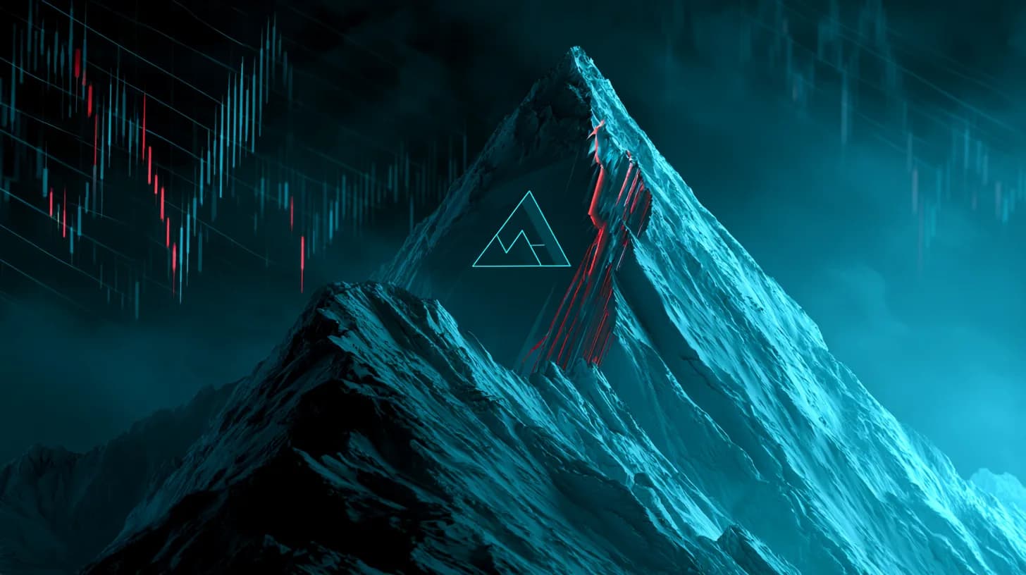 Cracked Avalanche logo mountain peak under a stormy sky symbolizing AVAX price breakdown to five-year lows
