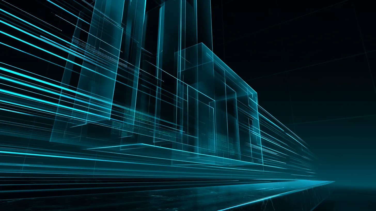 Glass replica of an office building forming from streams of blue code above a boardroom table, editorial illustration.