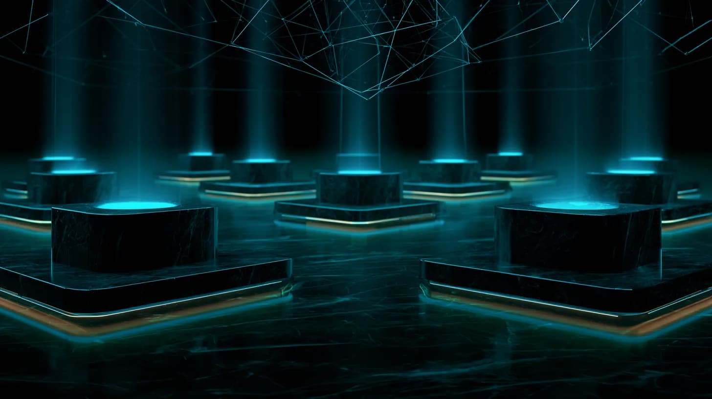 Twelve glowing podiums on a dark institutional stage representing enterprise blockchain awards finalists