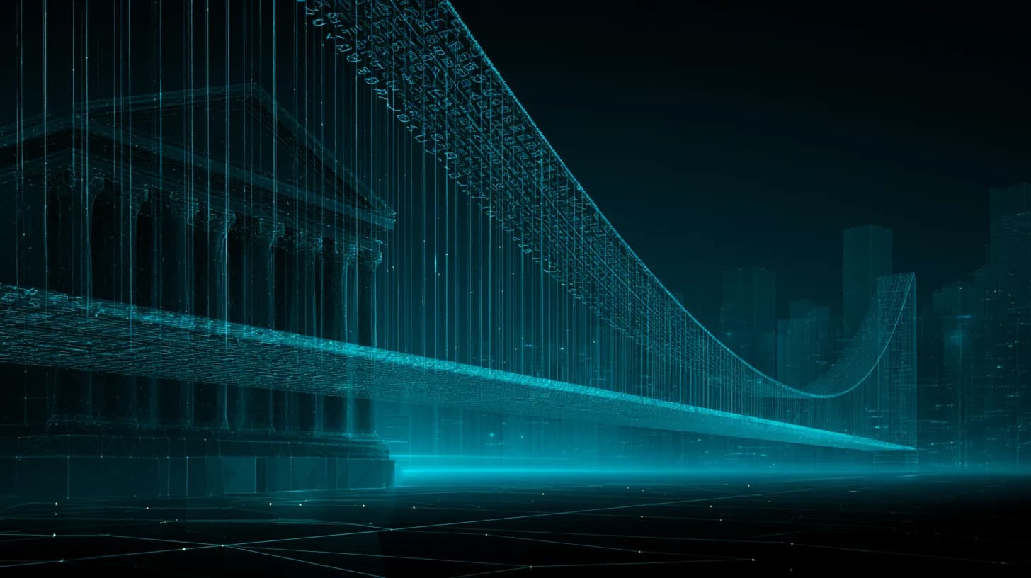Illustration of a bridge made of currency symbols connecting a traditional bank to a digital crypto skyline