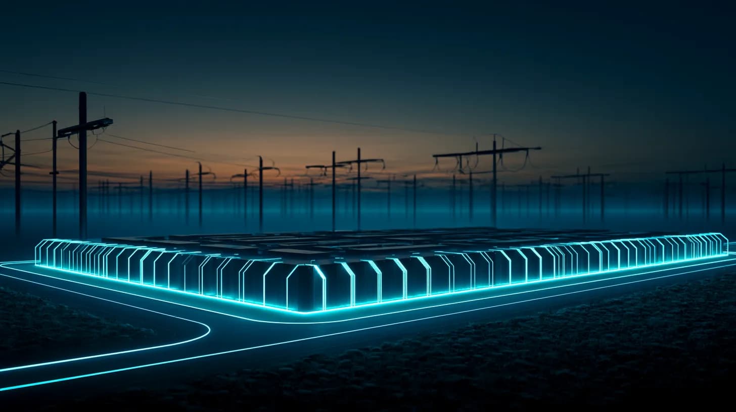 High-voltage substation feeding a data center campus at dusk, transmission lines stretching across a Texas plain