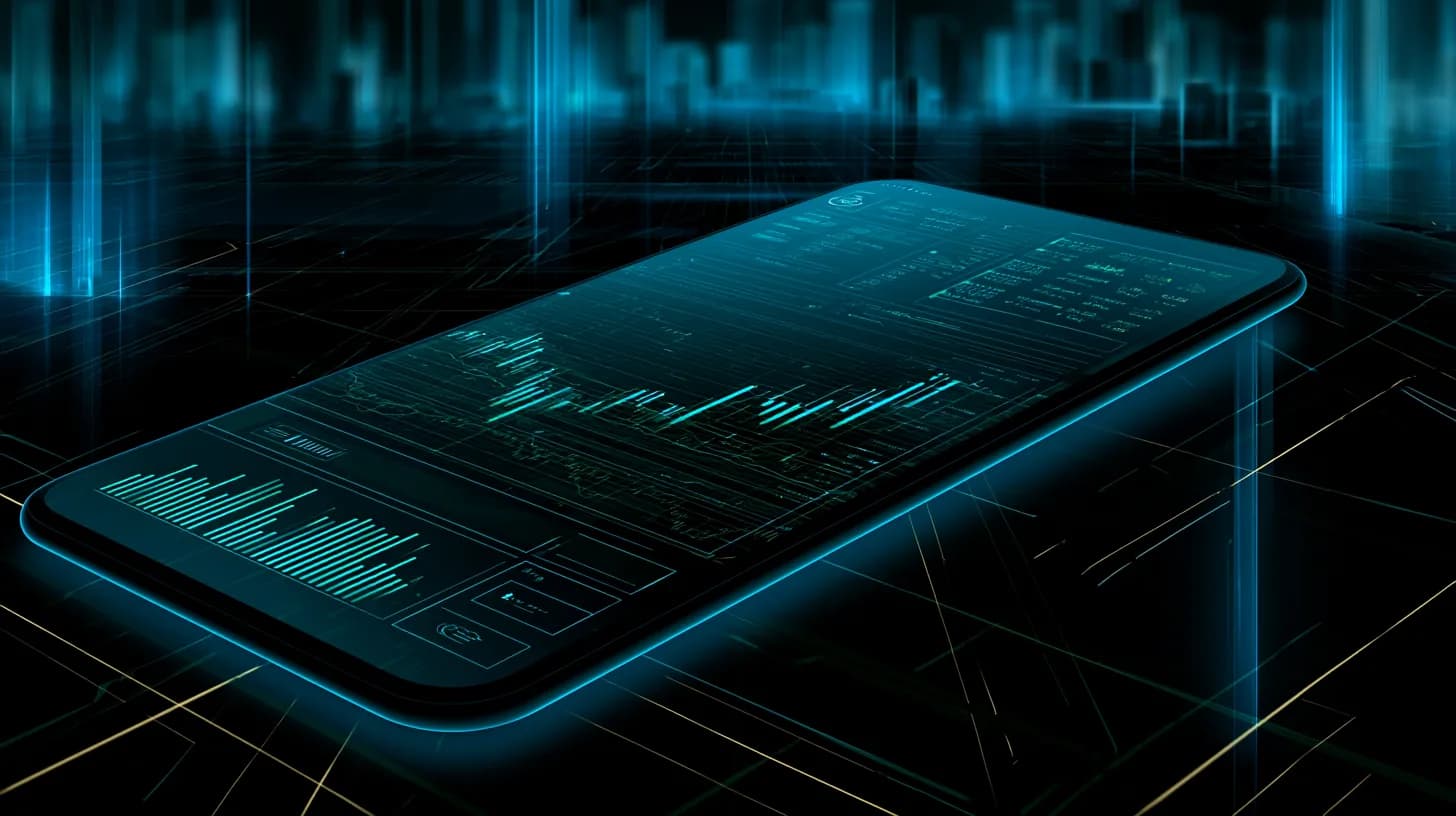 Smartphone showing a crypto super-app dashboard with stock tickers and trading charts over a financial skyline