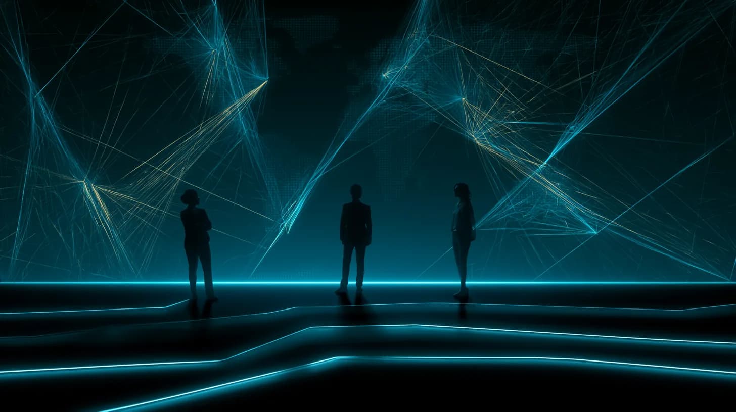 Three executive silhouettes on a virtual conference stage with a glowing network-map backdrop in blue and gold.