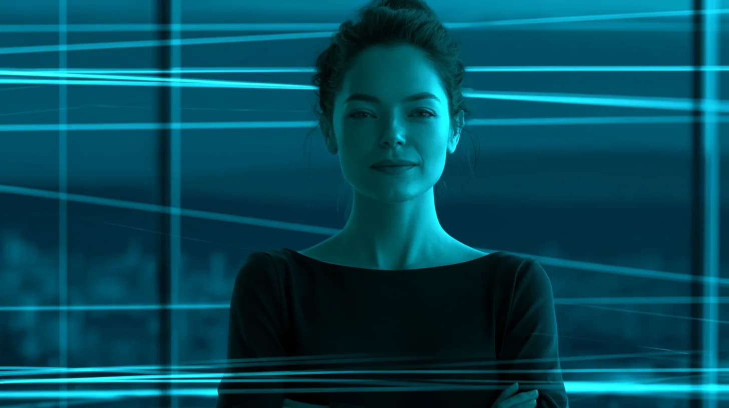 Female crypto exchange executive in a modern glass office, editorial portrait at dusk