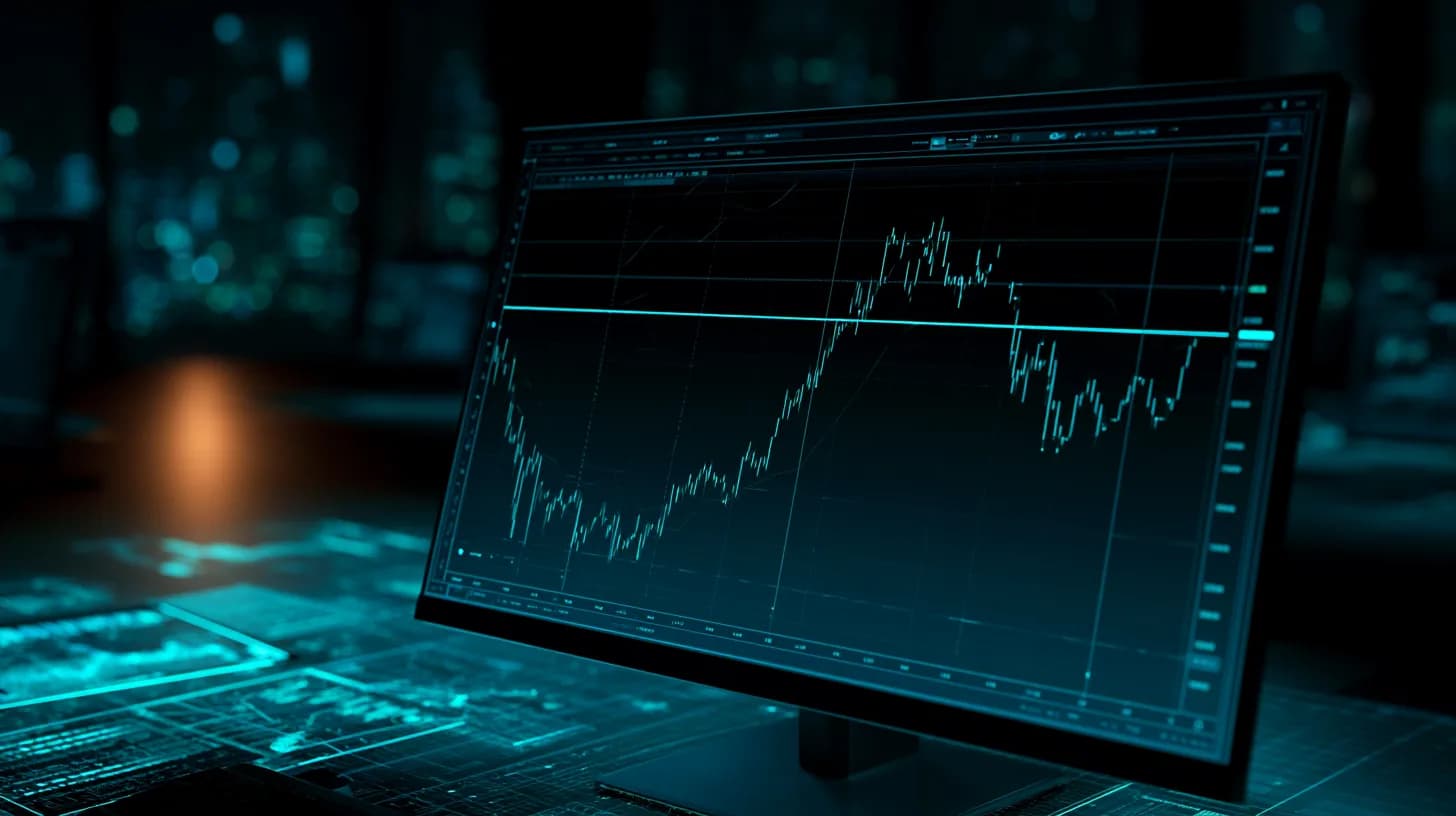 Bitcoin chart on a darkened trading monitor pressing a key support level under amber light