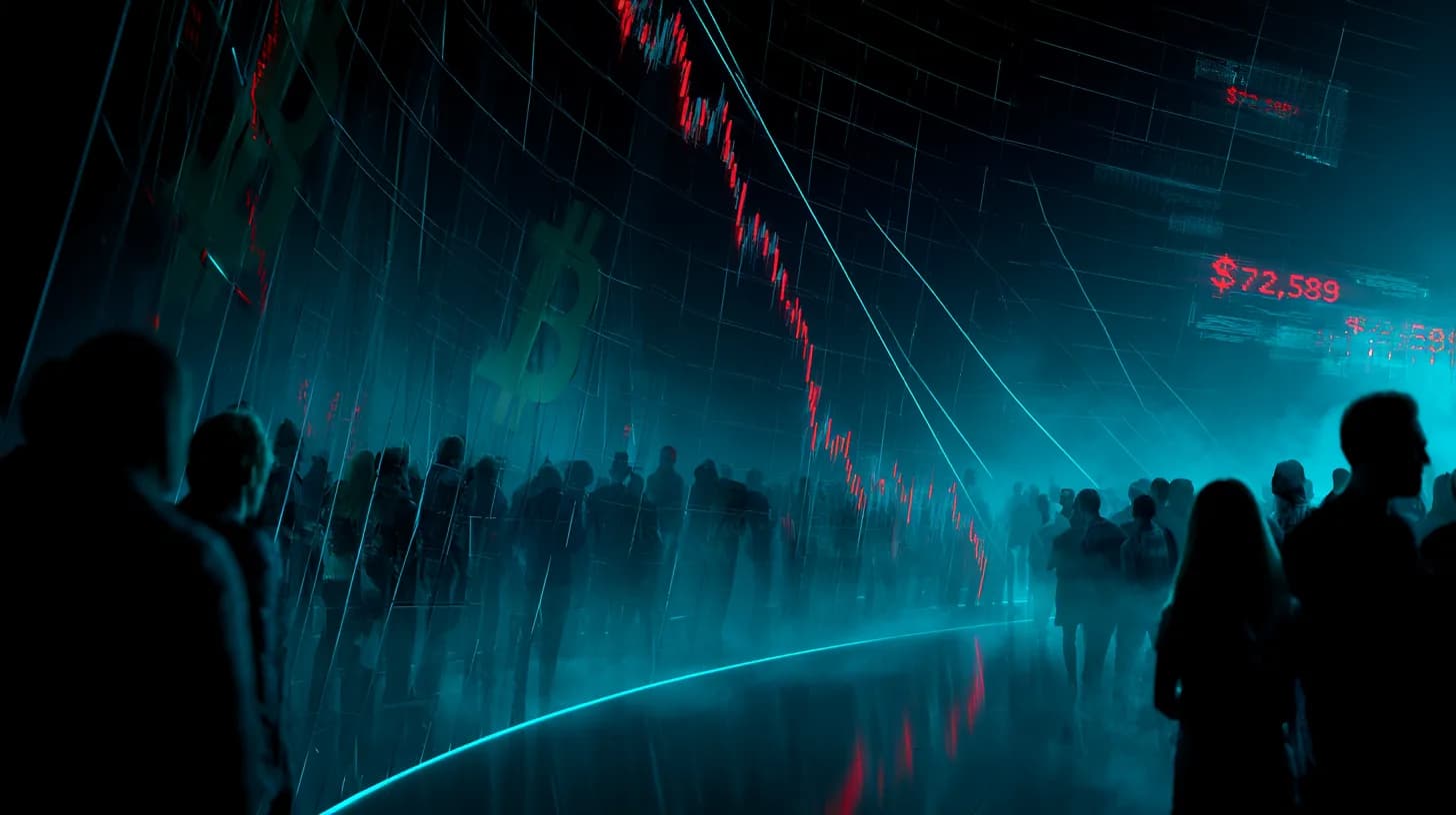 Bitcoin price chart breaking below ascending channel support at $72,589 on trading floor display