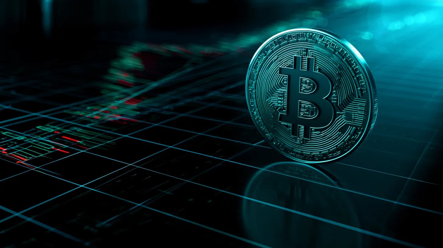 Bitcoin coin balanced on the edge of a dark trading desk with faint chart reflections