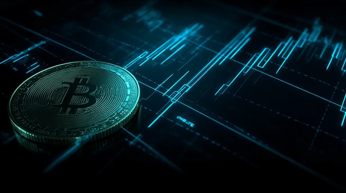Bitcoin coin on a dark desk with a faint candlestick chart projected behind it