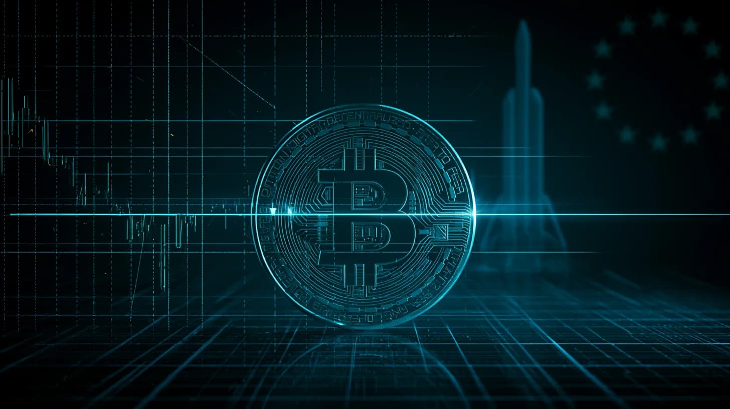 Bitcoin coin balanced on a price-range chart line with a SpaceX rocket and EU flag motif in the background