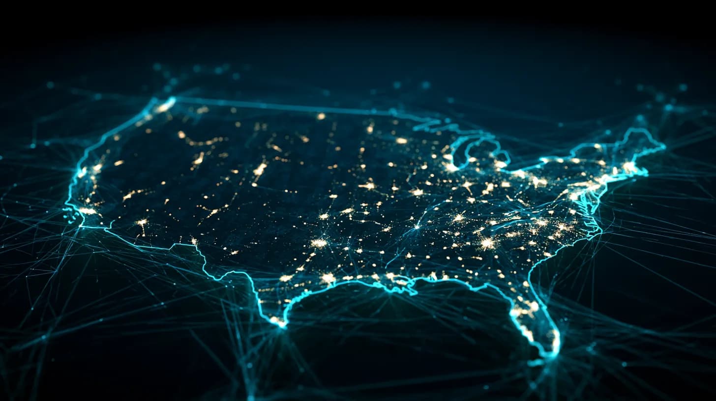 Stylized US map with glowing Bitcoin adoption hotspots concentrated in coastal and Sun Belt states