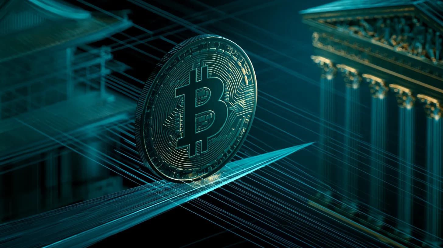 Bitcoin coin between stylized BOJ and Federal Reserve buildings under dramatic lighting