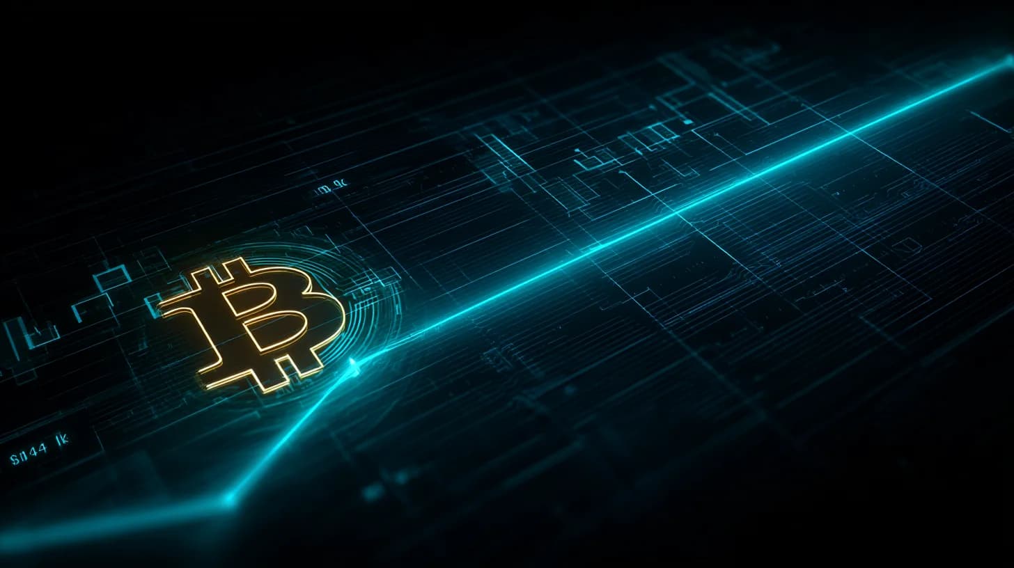 Bitcoin logo balanced on an ascending support trendline against a backdrop of social media price chatter, illustrating the…