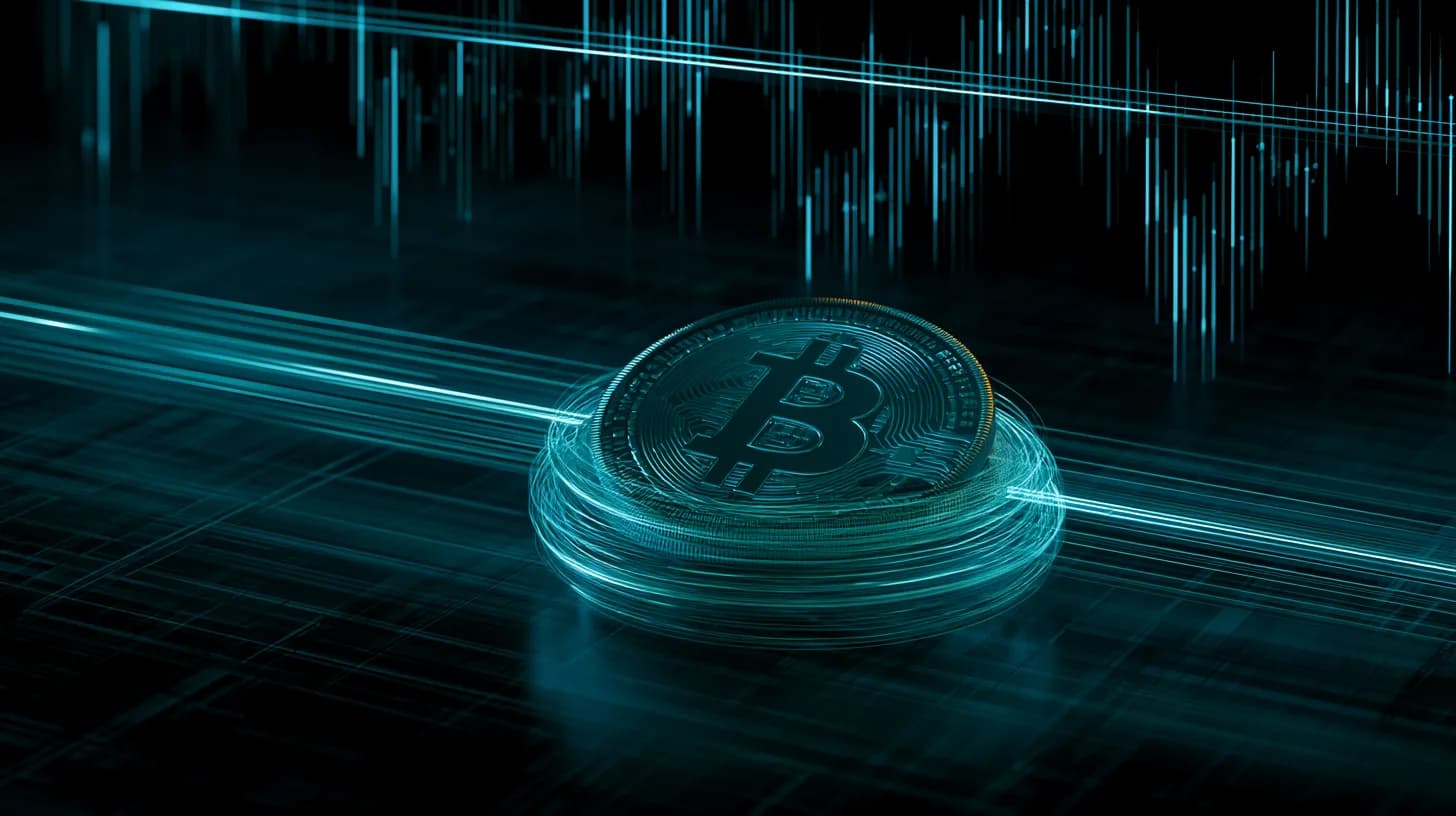 Bitcoin coin held inside a tight price range with candlestick chart behind it, illustrating consolidation between $78,200…