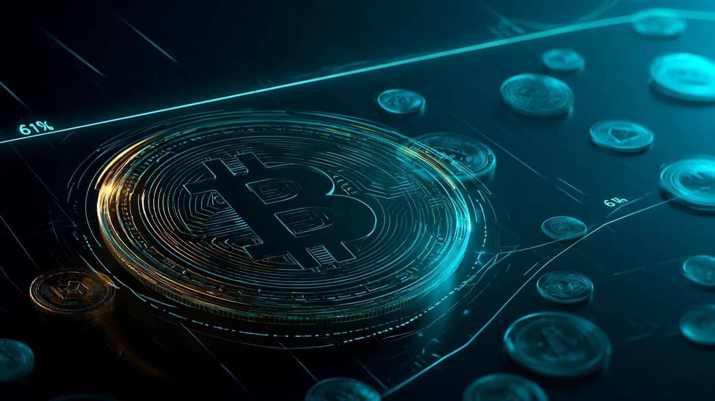 Glowing Bitcoin coin foreground dominating faded altcoin tokens behind, illustrating BTC market dominance above 61%.