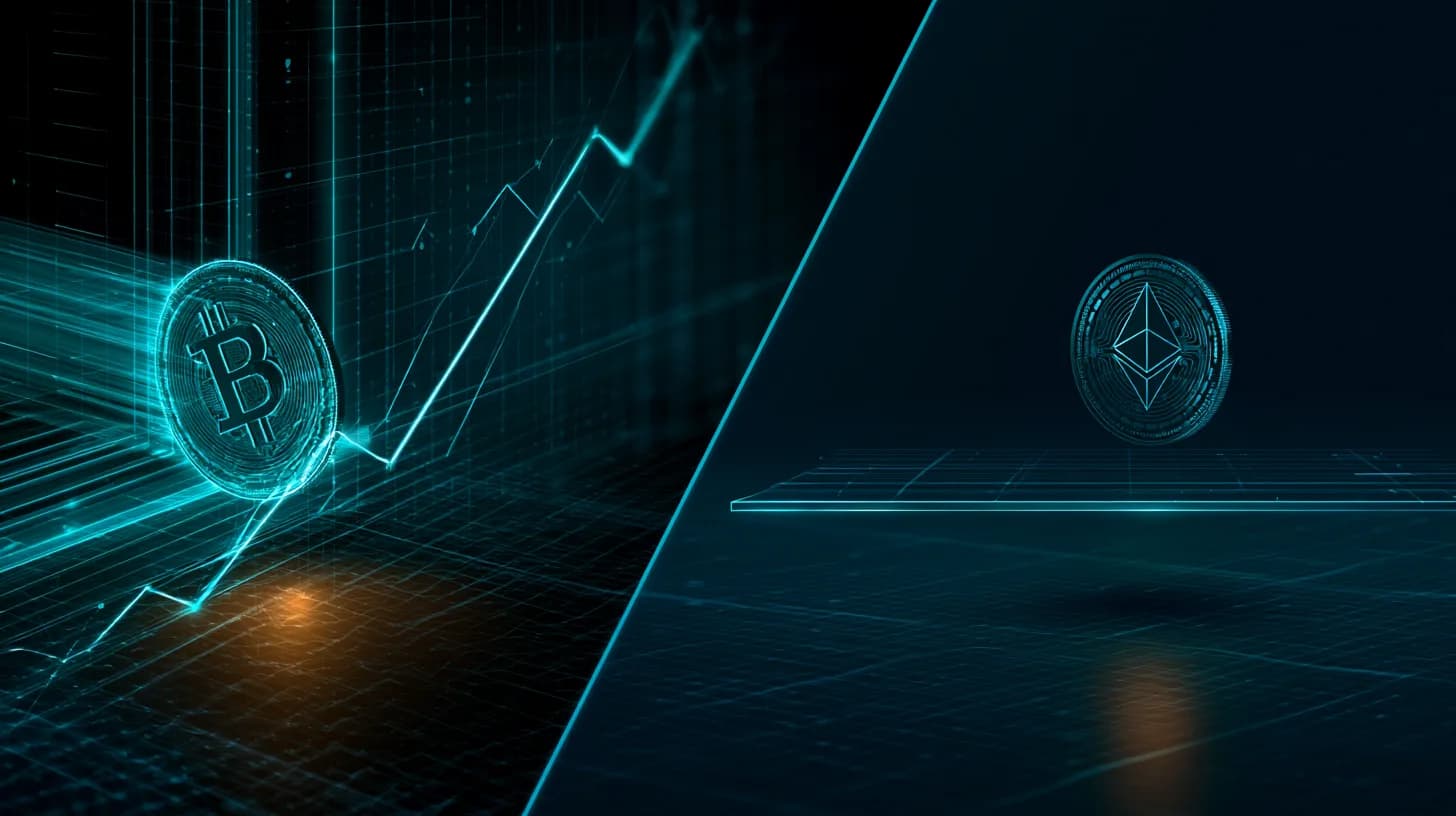 Bitcoin coin drawn into an institutional vault while an Ethereum coin hovers over a flat chart line
