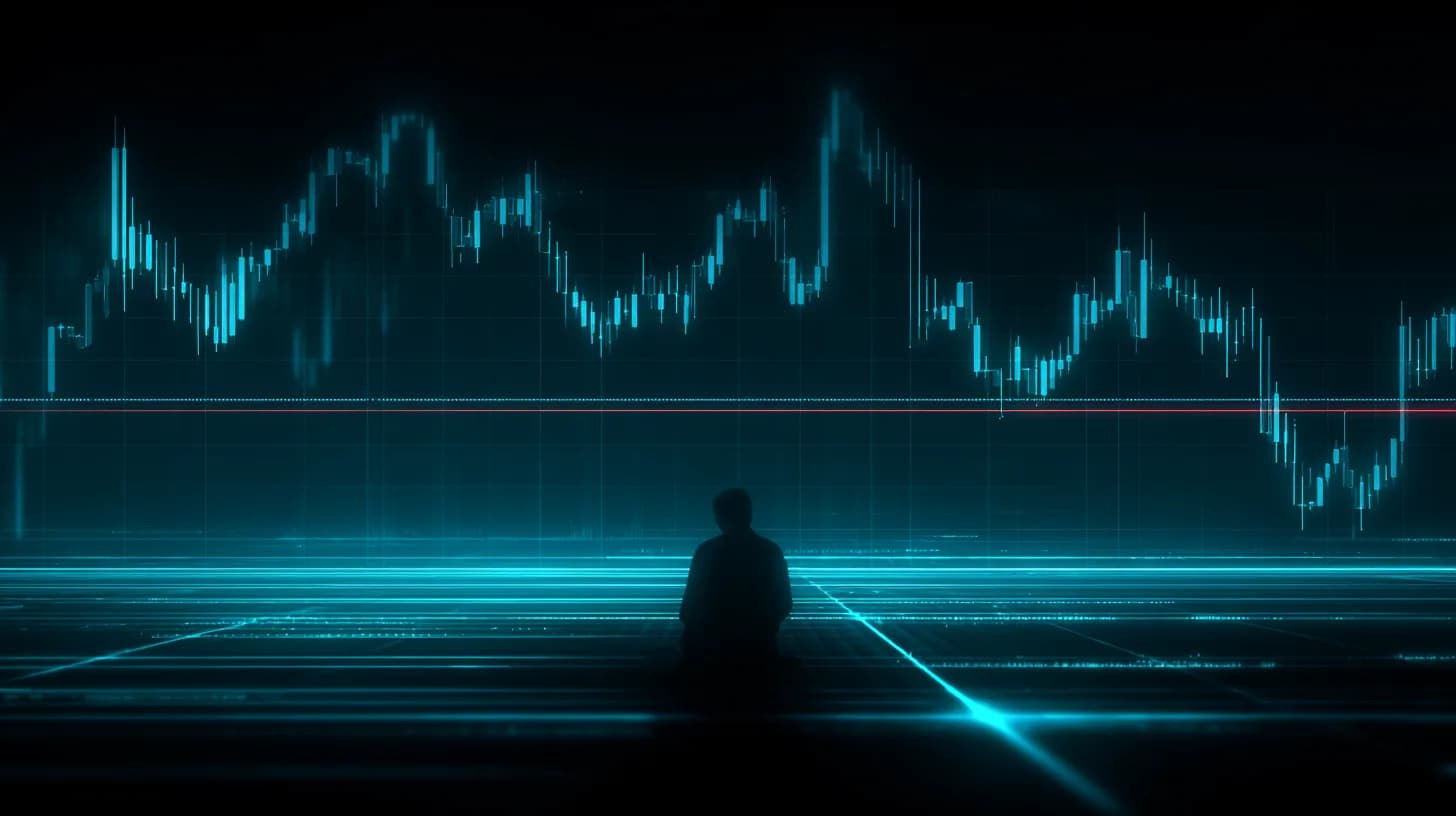 Trader silhouette watching a Bitcoin chart stall at the $80,000 resistance line on a dark trading floor