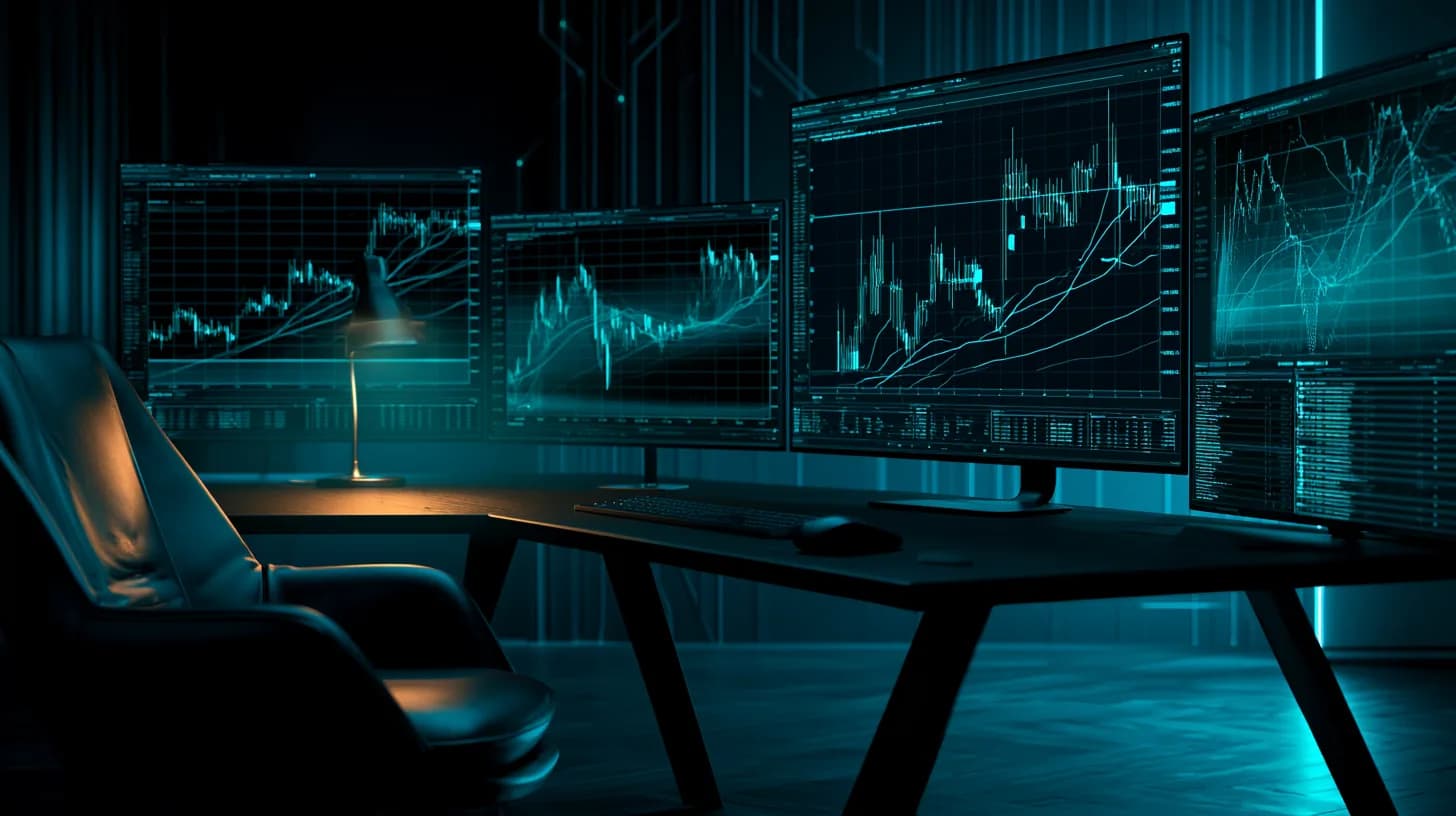 Dim trading desk at dawn with Bitcoin charts on screens and an empty chair, signaling fading market attention