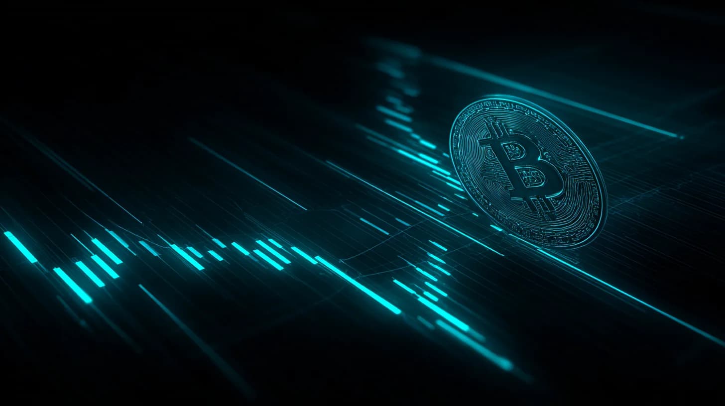 A Bitcoin coin balanced on the edge of a glowing futures order book, with candlestick patterns receding into a dark blue…
