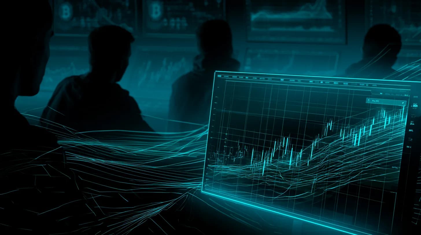 Traders on a dim floor face a bright screen showing rising stock and pre-IPO charts while BTC and ETH panels fade.