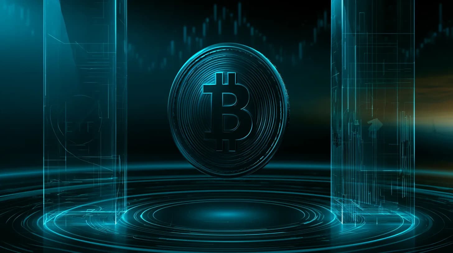 Bitcoin coin suspended between an ETF pillar and a sovereign mining facility under a dark blue sky with faint candlestick…