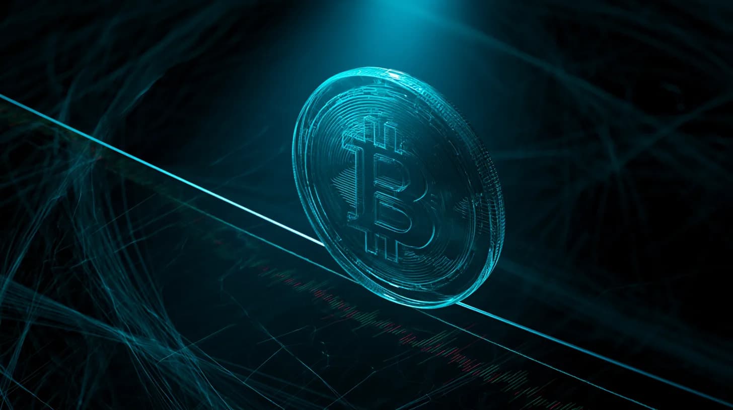Glass Bitcoin coin balanced on a taut steel cable above a dark abyss, lit by a cold blue spotlight