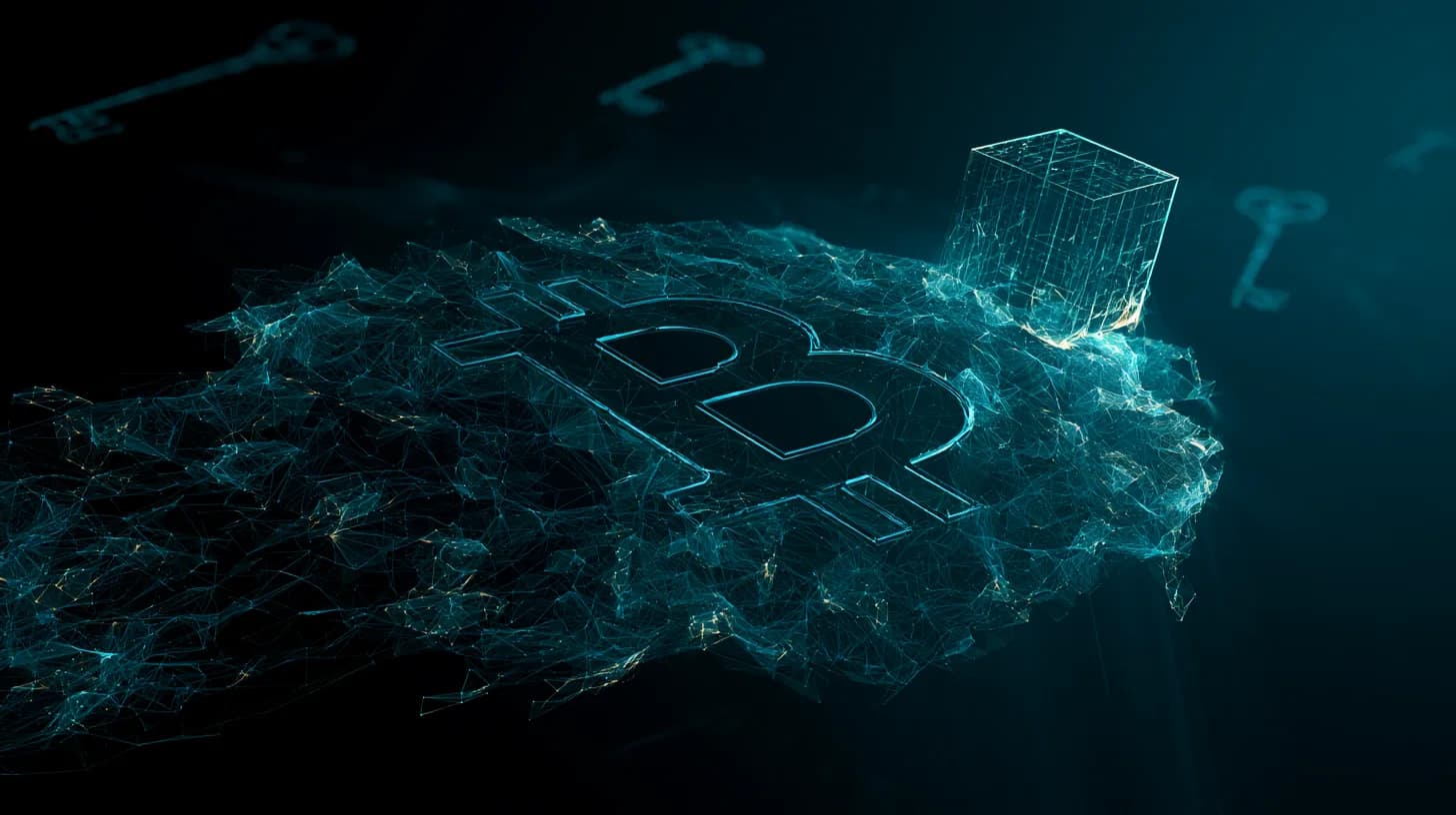 Bitcoin logo dissolving into a quantum lattice, illustrating post-quantum cryptography migration risk
