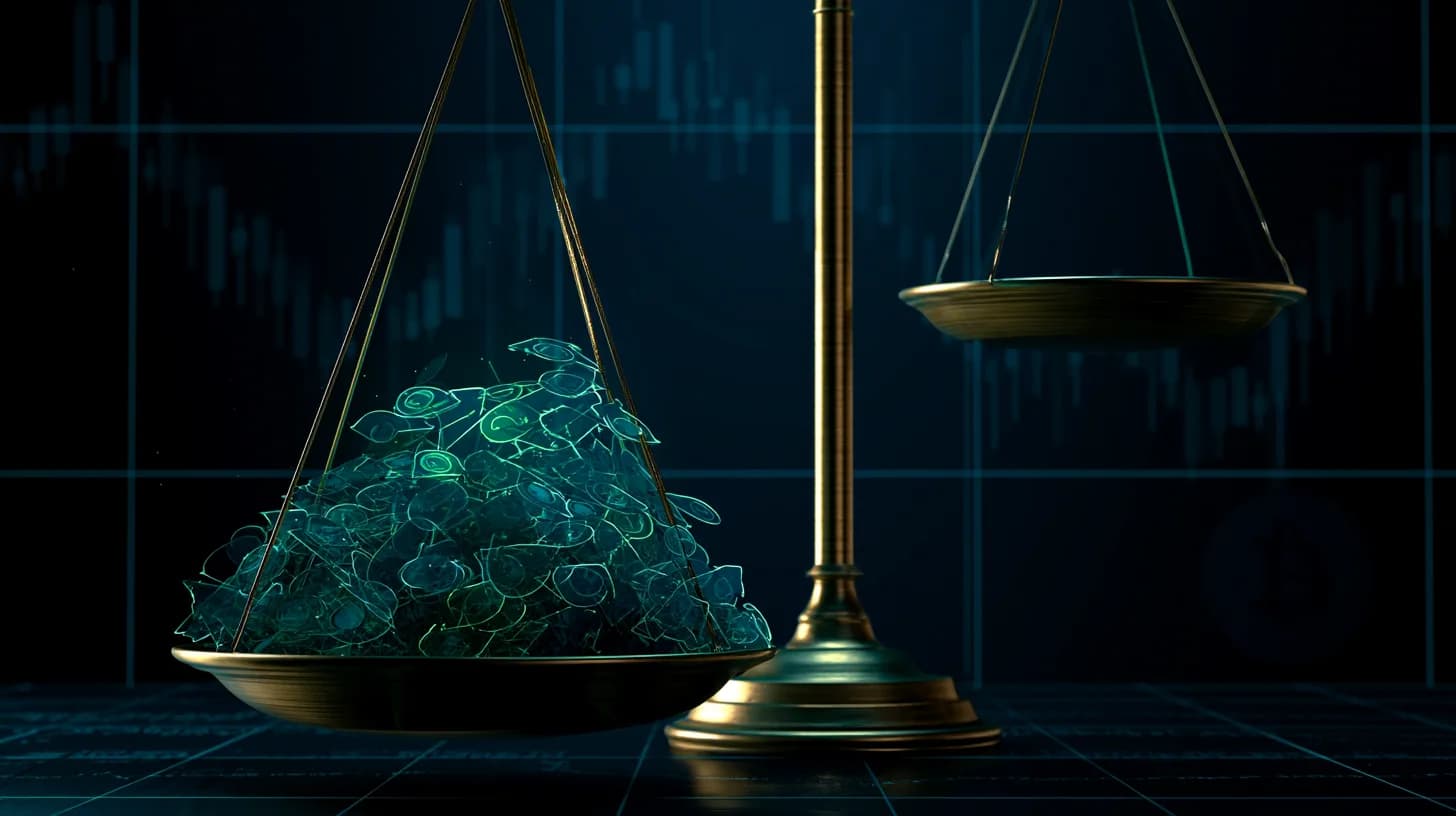 Brass scale tipped heavily by green bullish social media bubbles over a faint Bitcoin chart