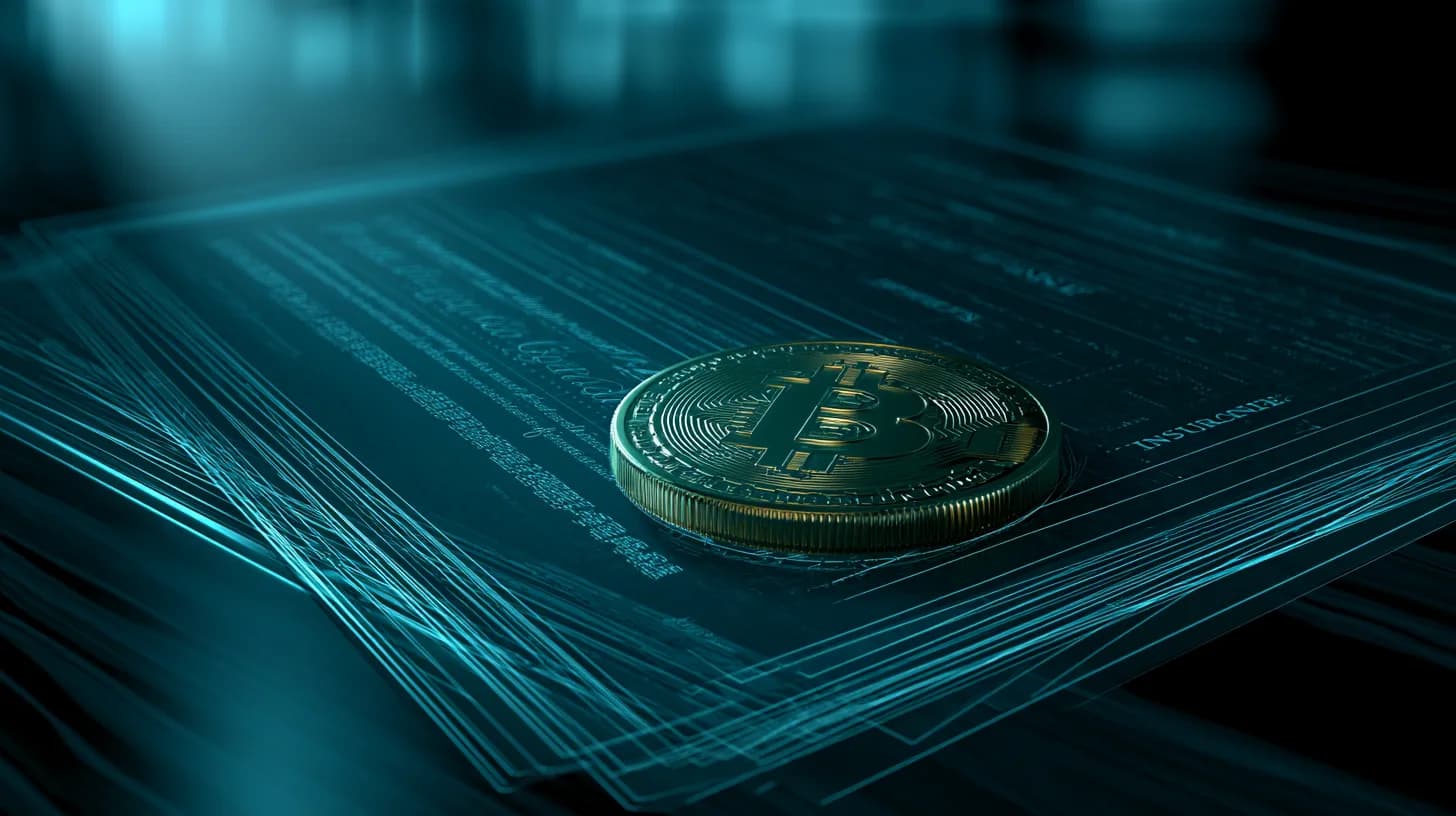 Bitcoin coin resting on stacked bond certificates and insurance paperwork on a Wall Street desk
