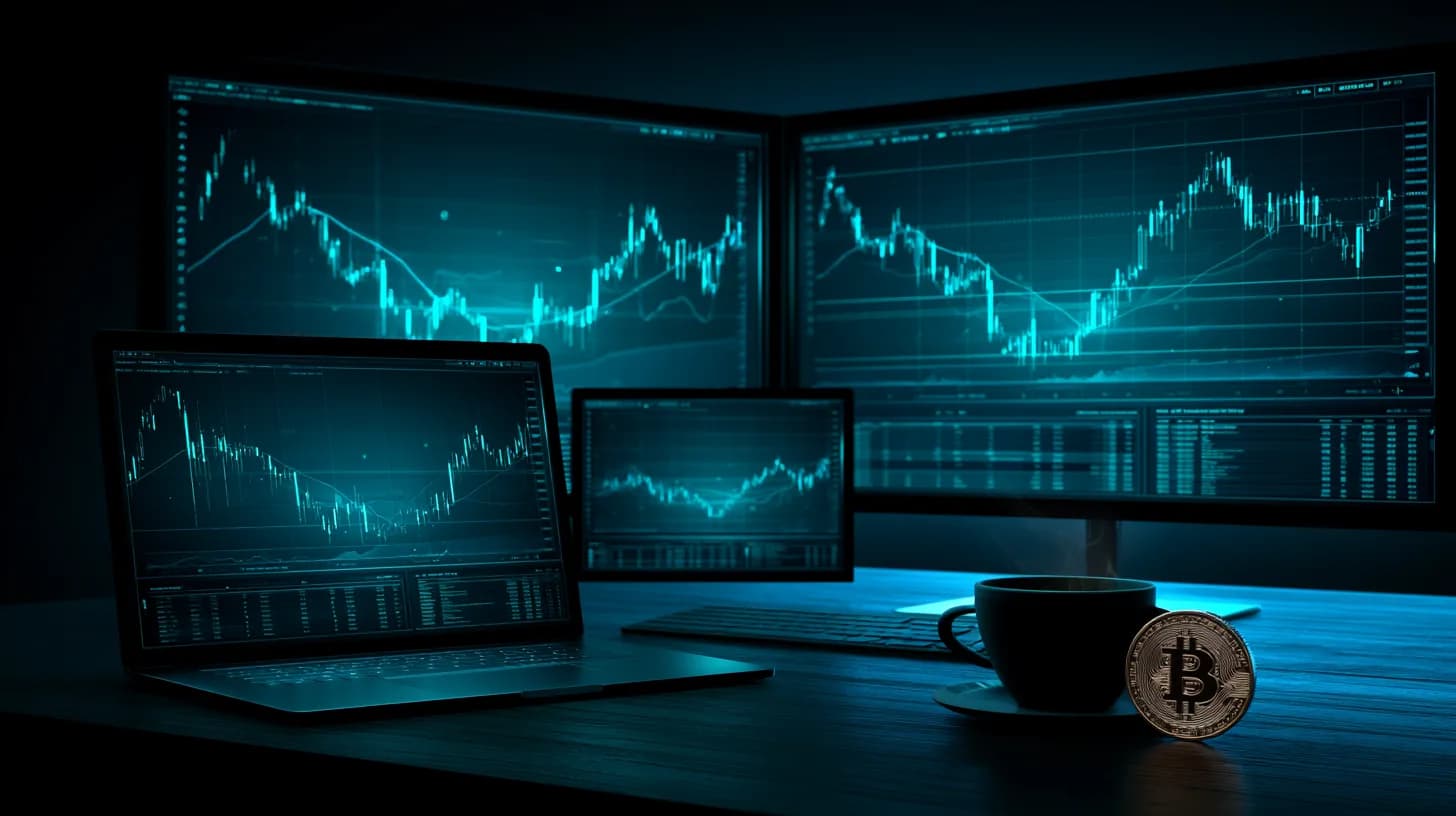 Institutional trading desk at dusk with multiple monitors displaying Bitcoin price charts and ETF flow data