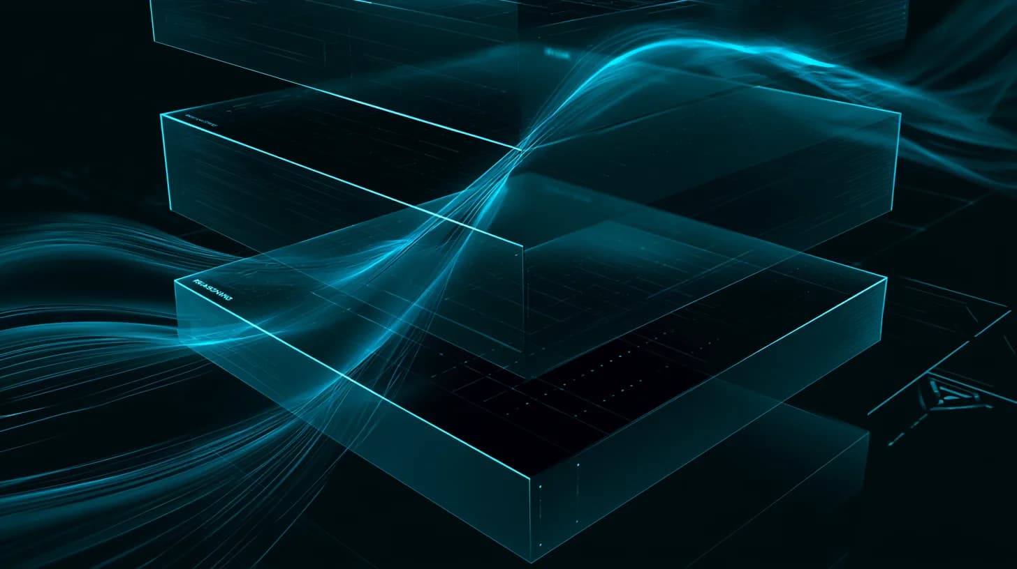 Stacked translucent panels labeled reasoning, execution, and risk illustrating AI trading workflow