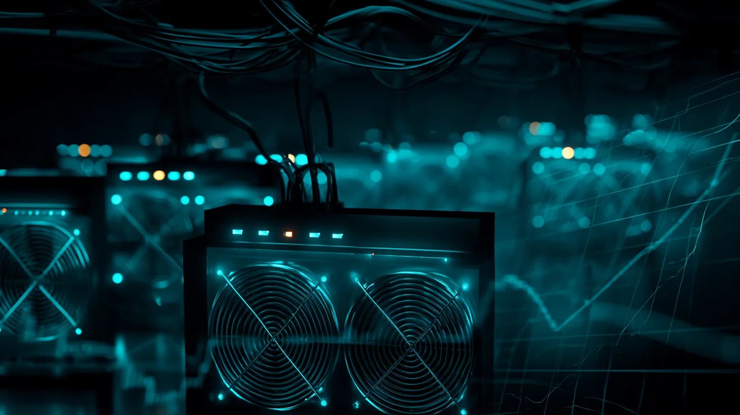 Rows of Bitcoin ASIC miners glowing in a dim industrial data center, evoking mining economics