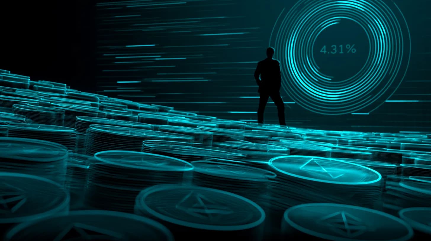 Stylized digital vault of ether coins with a 4.31% supply ring chart on a data wall