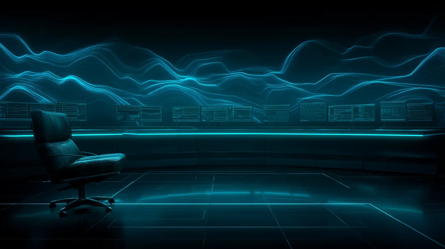 Empty executive chair on a darkened asset management trading floor with neural network data patterns on monitors