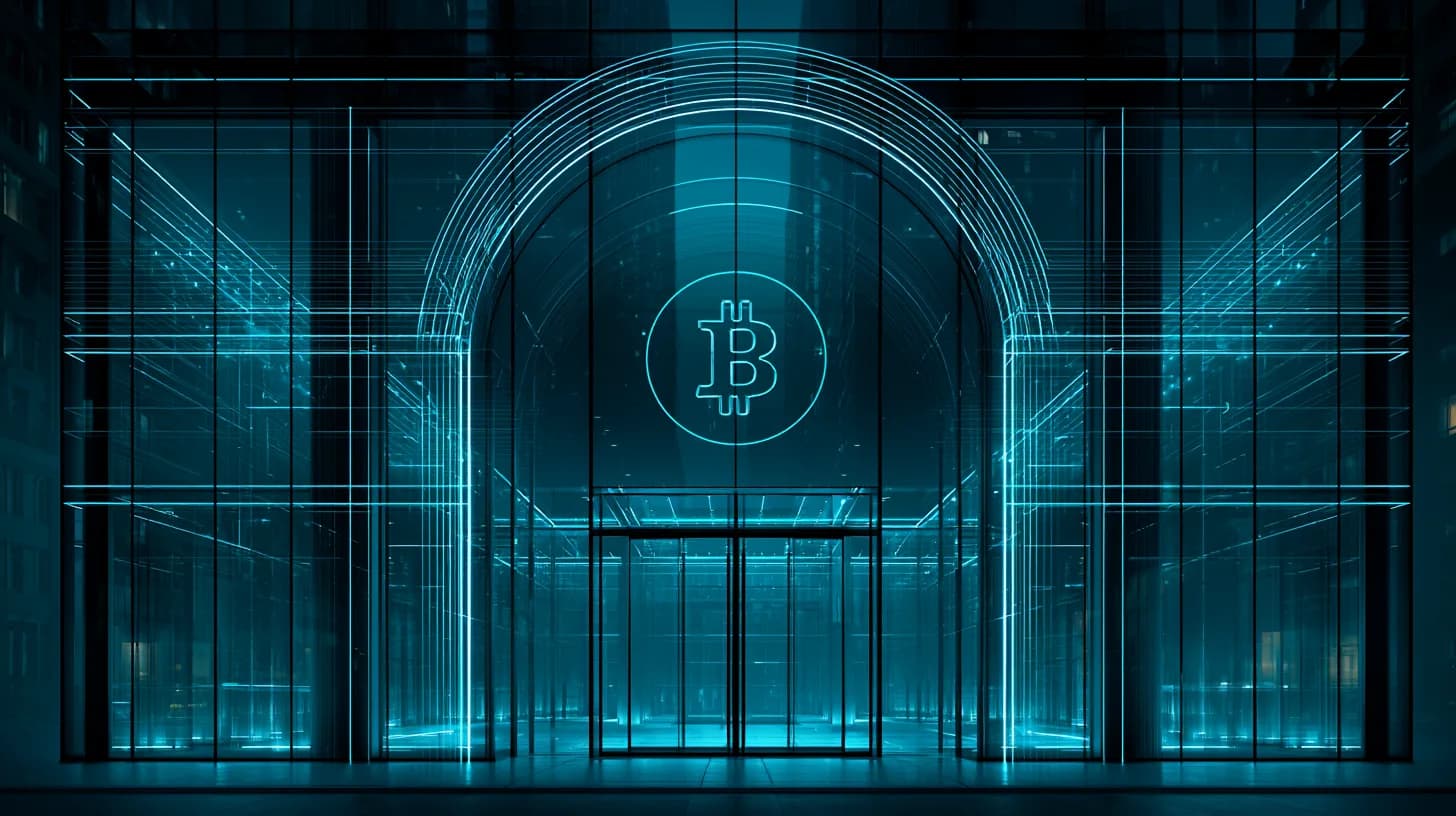 BlackRock headquarters at dusk with a subtle bitcoin emblem, illustrating IBIT's institutional role