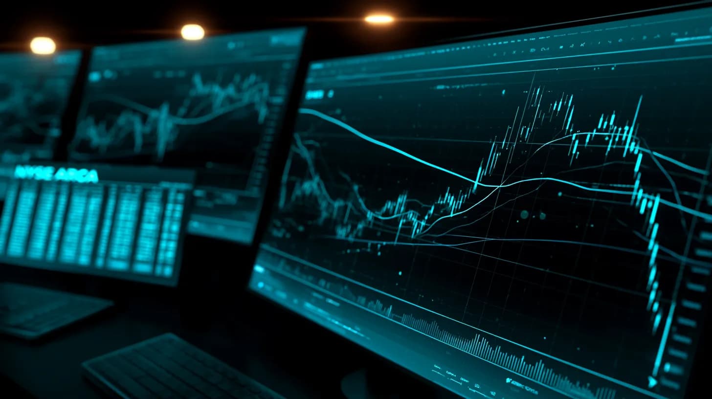 Trading desk monitors showing a broken BNB price chart with the NYSE Arca ticker visible on a side screen.