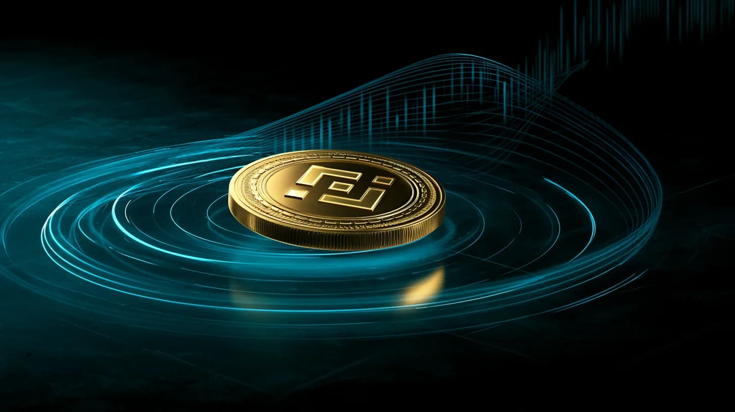 Stylized BNB token over a dark trading-floor backdrop with a tightening candlestick wedge and a faint NYSE ticker overlay