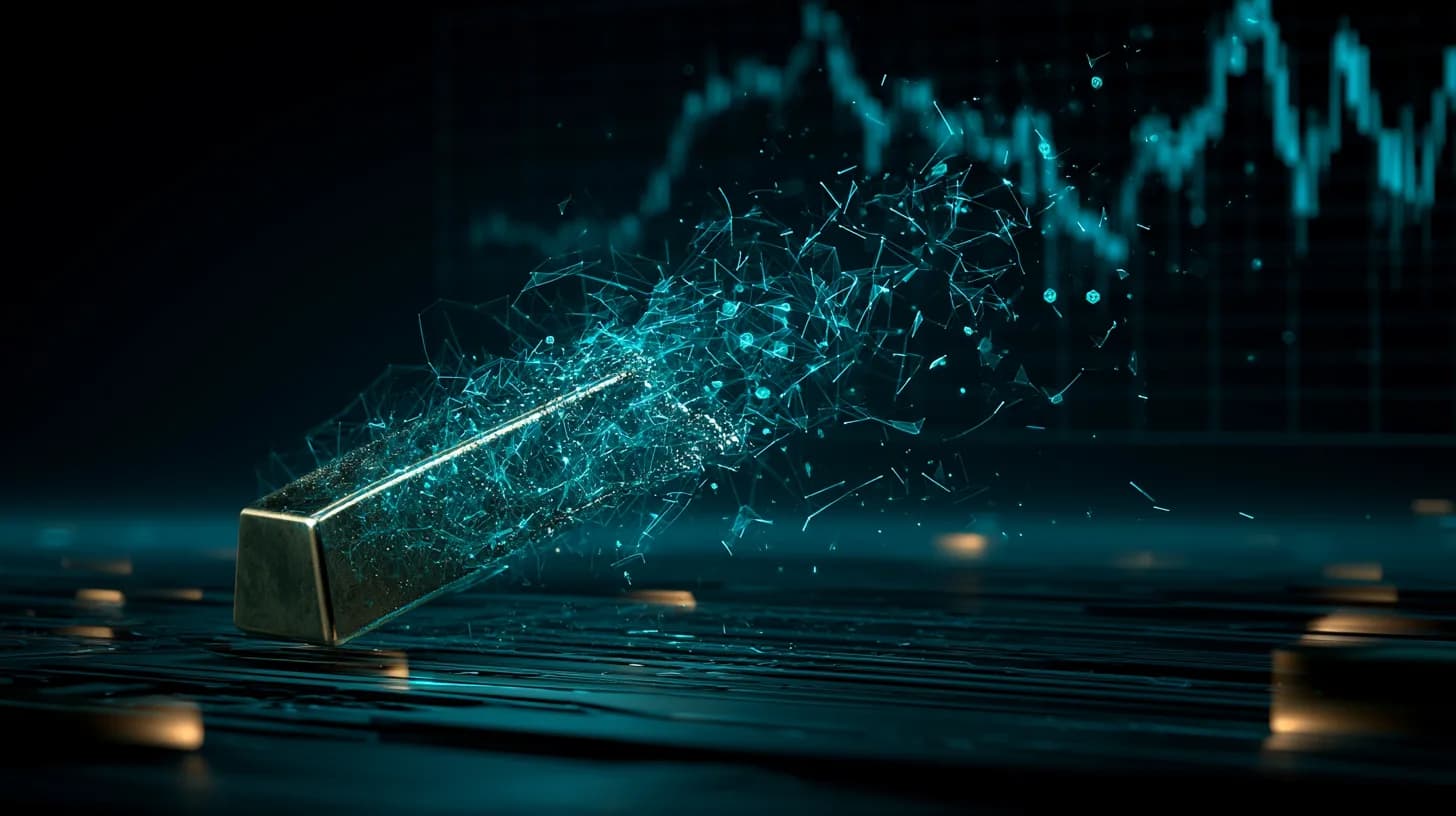 Gold bar dissolving into BNB token shards above a dark trading desk with candlestick chart
