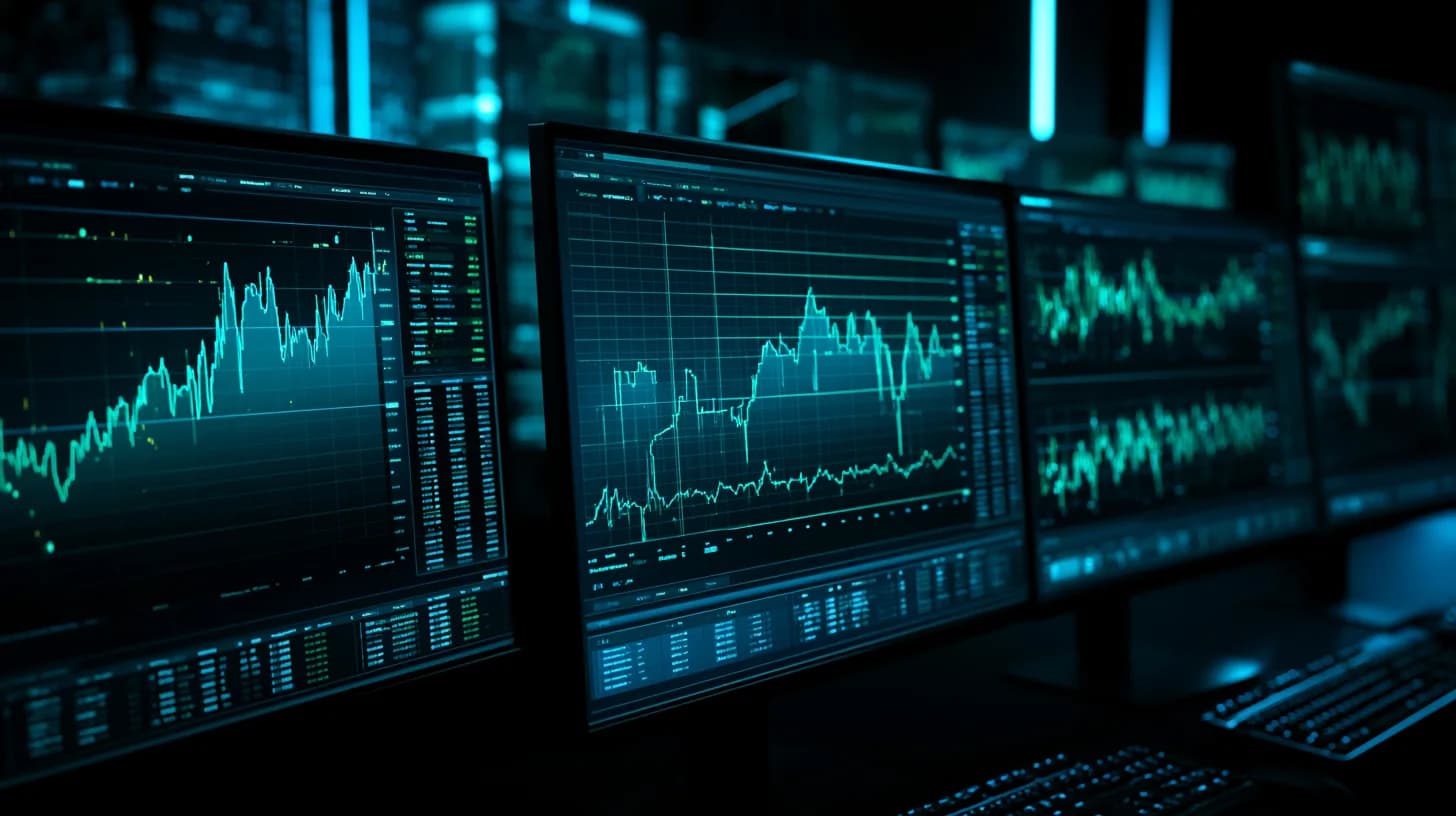 Trading floor monitors displaying Bitcoin options open interest rankings and derivatives charts